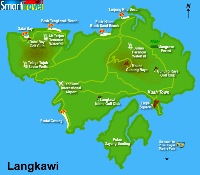 Langkawi map with tourist sites, beaches and major features from SmartTravelAsia and Dancing