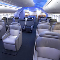 The B787 interiors are sleek and airy with moulded curves