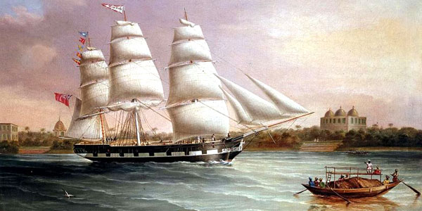 Colonial travel to Asia - Enligh clipper approaches Bombay, painting 1805 by JC Heard