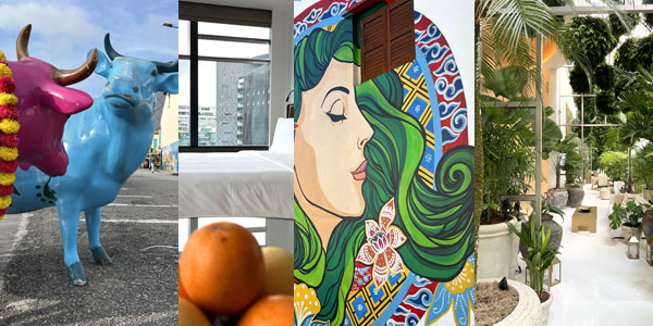 Singapore eco-frienfly hotels review: cows in Little India, COMO room, wall art; and EDITION's green lobby
