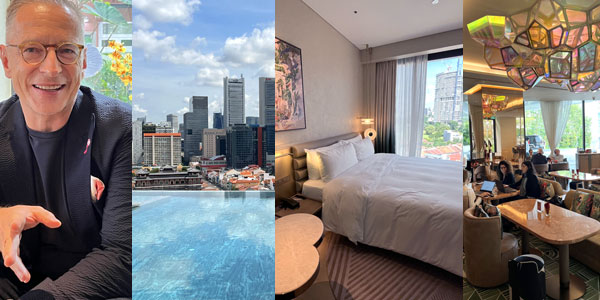Singapore lifestyle hotel Mondrian review - Robert Hauck GM; rooftop pool; bedroom; ceiling art