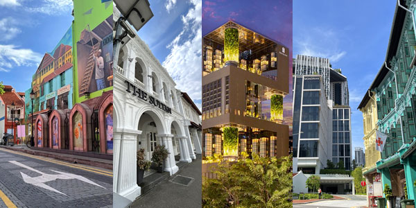 Singapore fun guide to eco hotels: Muscat Street (left);  virginal white The Sultan boutique hotel; Pan Pacific Orchard modular vertical garden terraces; Mondrian atop a low rise in Tanjong Pagar