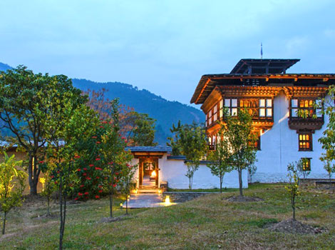 Amankora, a series of luxury lodges from Amanresorts in Bhutan, Punakha Lodge at twilight