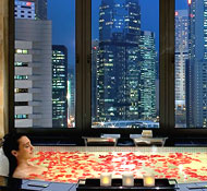 Suite tub with a view at Mandarin Oriental HK