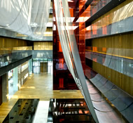 The atrium lobby features swirls and colours that assail the senses