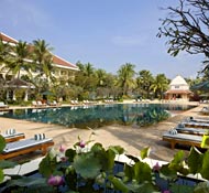 Sunny pool at Raffles, a top Angkor heritage hotel