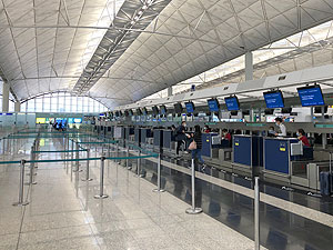 Empty Cathay Pacific check-in counters at Hong Kong International Airport February 2020