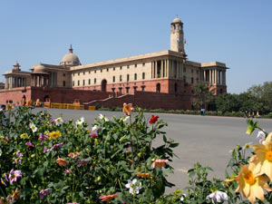 New Delhi's Rashtrapathi Bhawan in February 2014 with flowers in bloom