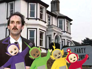 John Cleese as Basil Faulty from Fawlty Towers, with a few Teletubbies