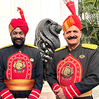 Imperial New Delhi hotel turbanned doormen resplendent in colonial finery