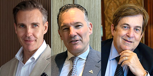 Discussing wartime hotel strategy are Patrick Both (left) and Torsten Richter (centre) in Bangkok, with David Wilson (right) in Dubai