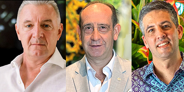 Olivier Gibaud of Twinpalms Phuket (left) on wartime GM pivots, with Cavaliere Giovanni Viterale (centre) from Rafles Sentosa, and Marc Walz (right) from Andaz Bali