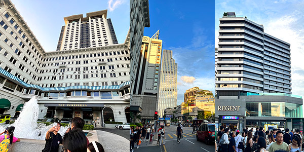 The Peninsula Hong Kong (left) remains the grand dame of the TST harbourfront with competition from contemporary competitors like the tall Rosewood (centre) turning gold in the sunset, and Regent (right)/ photos: Vijay Verghese