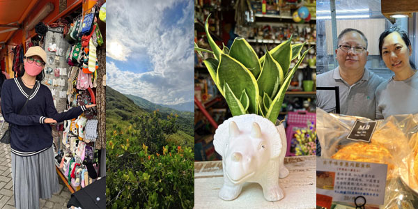 Fun Yuen Long guide - flea market, hills, flowerpot at flea market, Bonnie and Michael at MB bakery