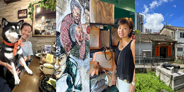 Tai Kiu Tsuen walled village at Long Ping in Yuen Long (right), with dog diner at HOLA, Kam Tin wall mural, and Irene's bags