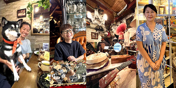 Dog diner at HOLA (left); Antique store at Red Brick House Market Kam Tin, and art classes