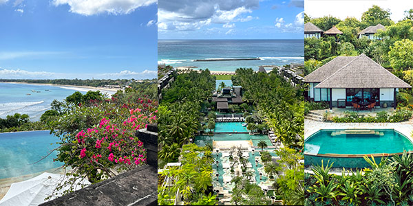 Guide to Uluwatu and Jimbaran top resorts — Four Seasons Pool (left); Apurva Kempinski view (centre); and Raffles pool villa (right)