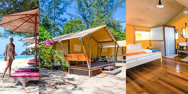 Luxury camping in Sabah at Ara Dinawan Island features comfortable tents with ensuite toilets — and hot water