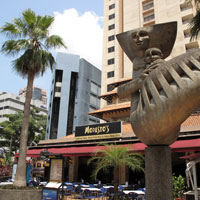 Bronze statue on Orchard Road shopping strip with designer brand malls