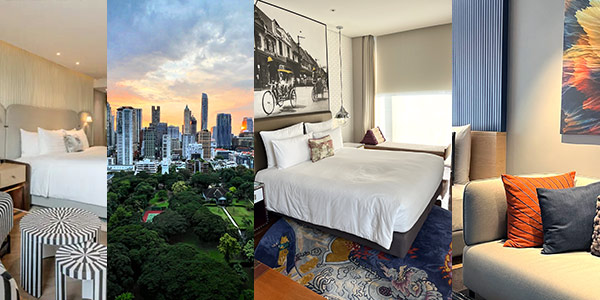 Jennifer Vivian at Hotel Indigo Bangkok is refining boutique elements at the hotel (centre) while the InterCon is back (left); and Sindhorn Midtown room (right)